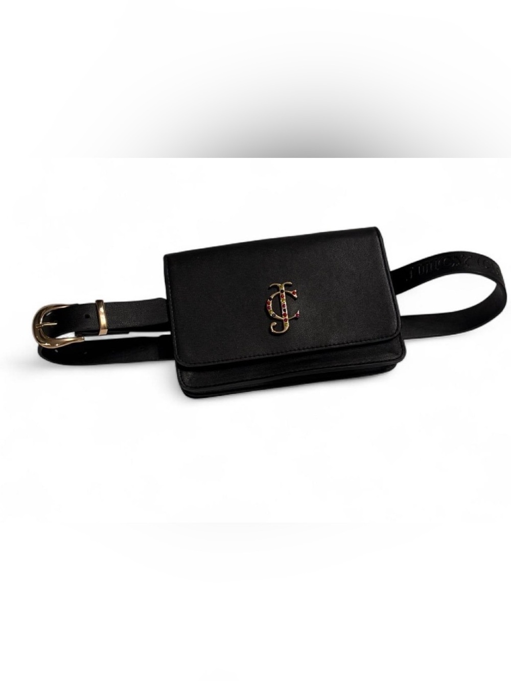Juicy Couture Belt Bag Black  with Multi-Color Rhinestone Logo SZ. S/M 37” belt